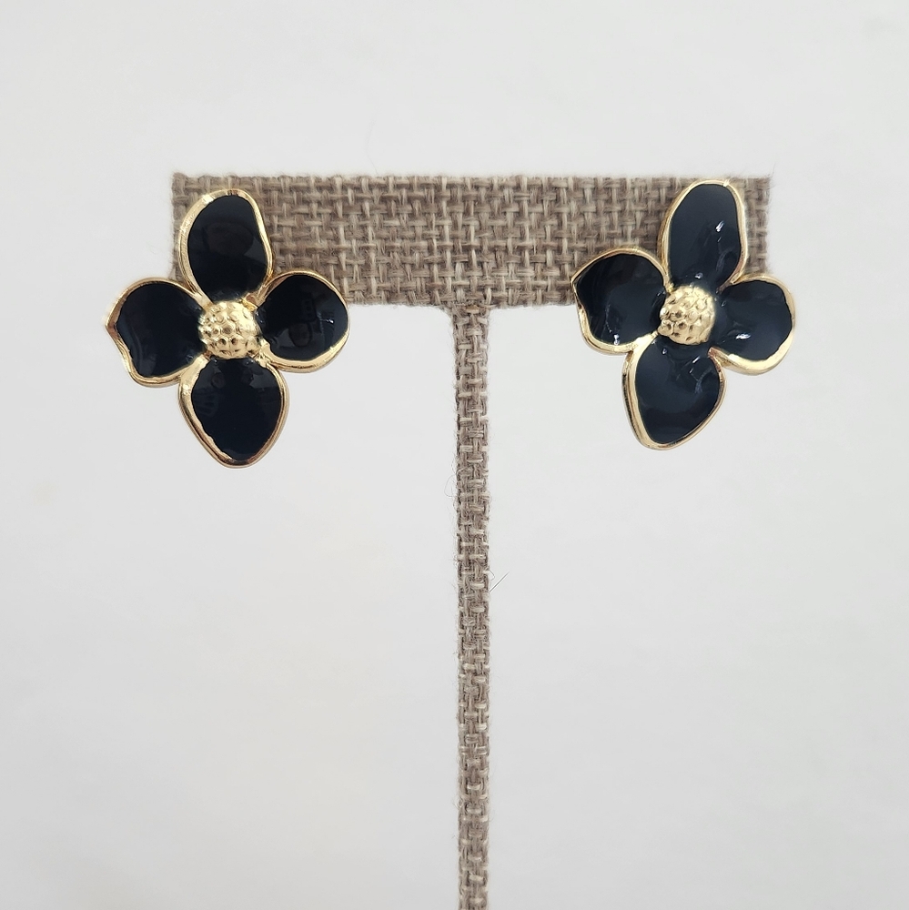 Gold & Black Enamel Flower Stud Earrings - Picture 3 of 6